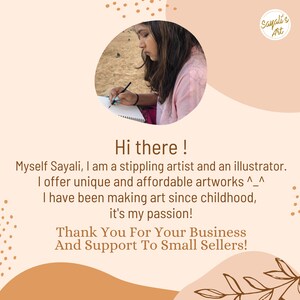 Puede incluir: Una mujer est&aacute; dibujando en un cuaderno. El texto dice: "&iexcl;Hola! Soy Sayali, soy una artista de stippling e ilustradora. Ofrezco obras de arte &uacute;nicas y asequibles ^_^ He estado haciendo arte desde la infancia, &iexcl;es mi pasi&oacute;n! &iexcl;Gracias por su compra y su apoyo a los peque&ntilde;os vendedores!"