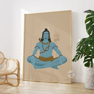 May include: A framed wall art print featuring a blue-skinned figure in a meditative lotus position. The figure has a snake draped around the neck, a crescent moon above the head, and a trident symbol in the background on a tan-colored field.