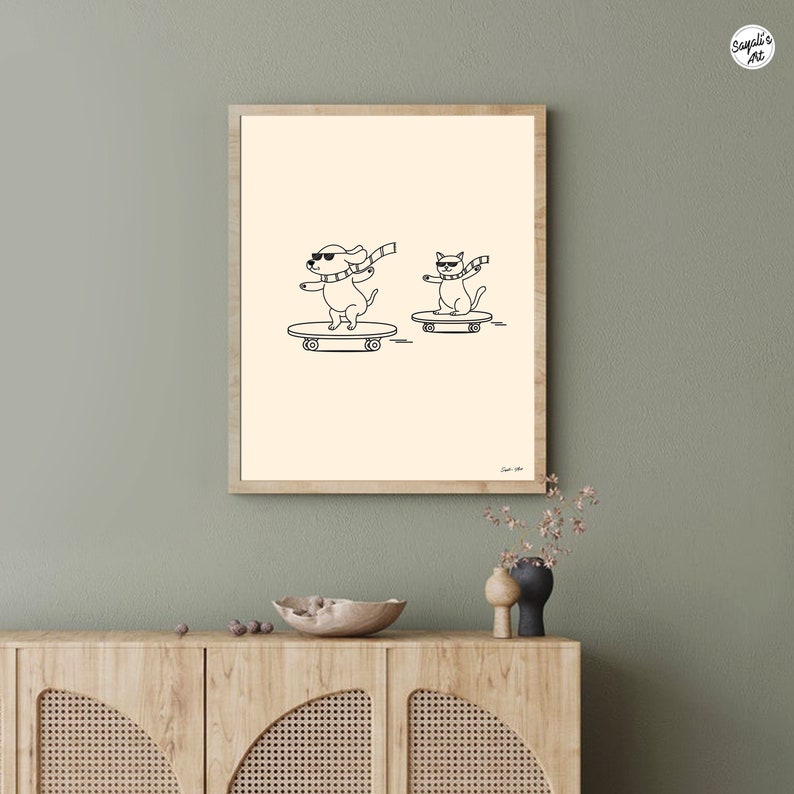 funny doodle/ line art of cat and dog skateboarding, minimal funny line art