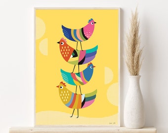 Chicken Print,bird wall decor,checkered pattern art,Chicken Kitchen Decor,rooster kitchen decor,geometric wall art,farmhouse classroom decor