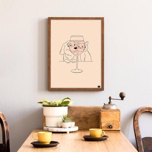 funny cat and dog looking at a glass of wine,
minimal line art