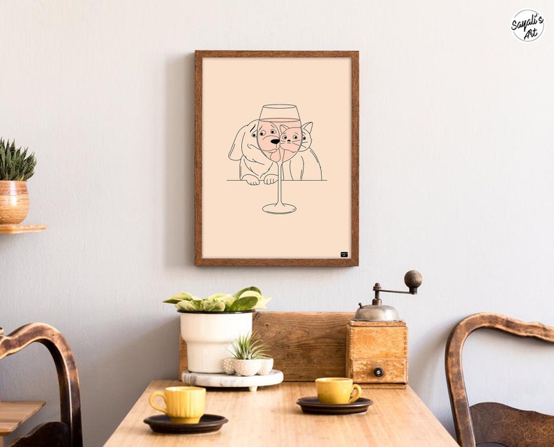 funny cat and dog looking at a glass of wine,
minimal line art