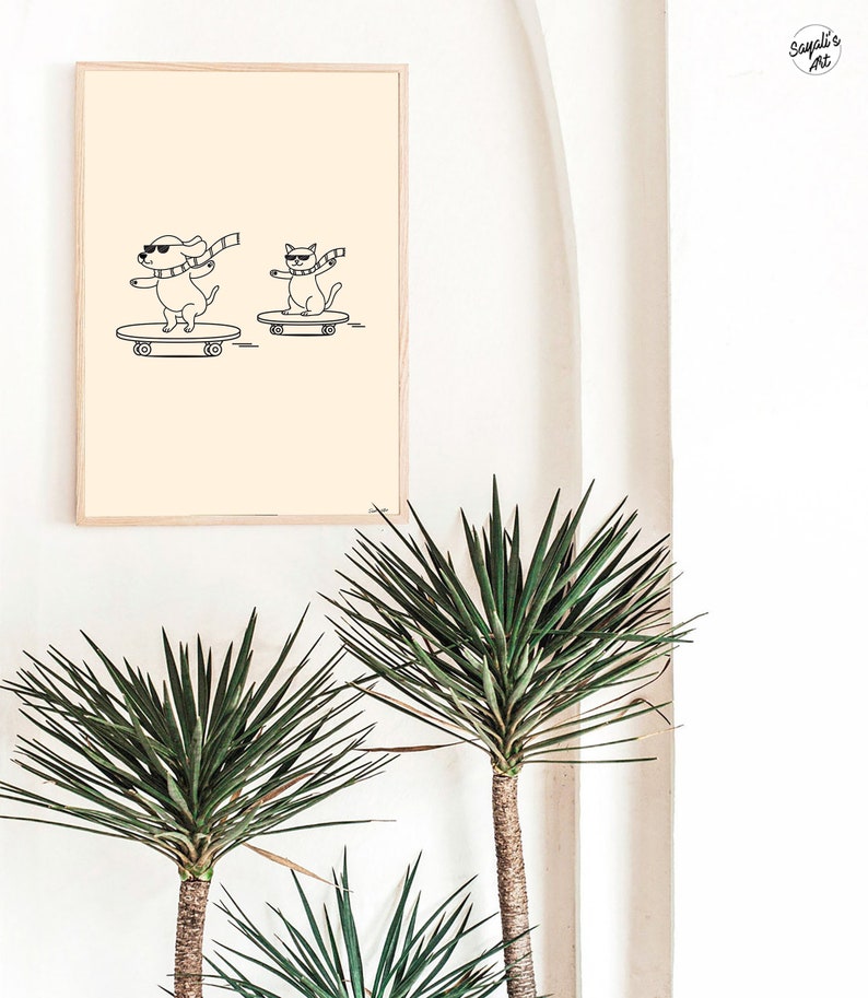 May include: A black and white line drawing of a dog and a cat wearing sunglasses and scarves, skateboarding. The image is on a beige background.