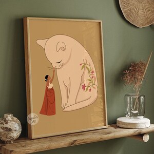 Pode incluir: Uma ilustra&ccedil;&atilde;o digital de uma mulher em um sari vermelho, tocando suavemente o nariz de um gato branco grande com desenhos florais em sua pelagem. O fundo &eacute; de uma cor marrom quente e clara.