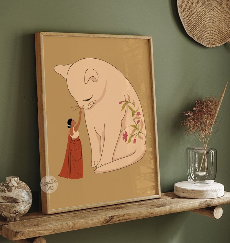 Pode incluir: Uma ilustra&ccedil;&atilde;o digital de uma mulher em um sari vermelho, tocando suavemente o nariz de um gato branco grande com desenhos florais em sua pelagem. O fundo &eacute; de uma cor marrom quente e clara.