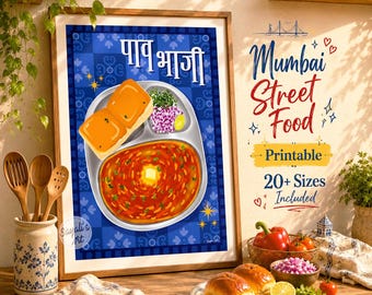 パヴ・バジのプリント、インド料理アート、デジキッチンウォールアート、ムンバイのストリートフードポスター、インド料理好きへのギフト、即時ダウンロード