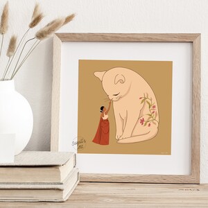 Pode incluir: Uma ilustra&ccedil;&atilde;o digital de uma mulher com um vestido vermelho que estende a m&atilde;o para tocar o nariz de um gato grande de cor rosa claro com tatuagens florais. O fundo &eacute; de cor marrom claro. O texto "Saujali's Art" est&aacute; no canto inferior esquerdo da imagem.