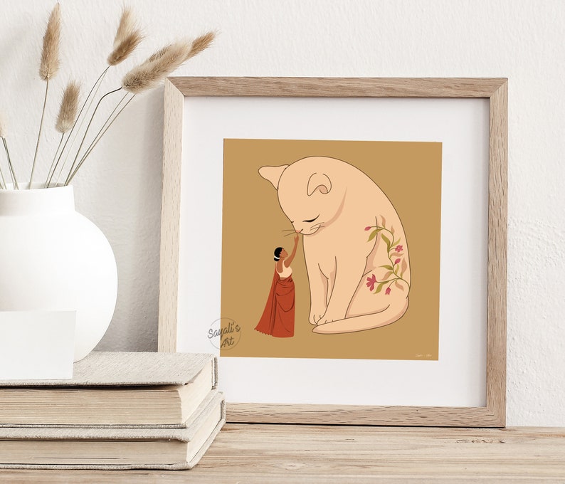 Pode incluir: Uma ilustra&ccedil;&atilde;o digital de uma mulher com um vestido vermelho que estende a m&atilde;o para tocar o nariz de um gato grande de cor rosa claro com tatuagens florais. O fundo &eacute; de cor marrom claro. O texto "Saujali's Art" est&aacute; no canto inferior esquerdo da imagem.