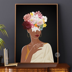 May include: A digital illustration of a woman with a dark complexion, wearing a white garment and a crown of colourful flowers. The background is black.