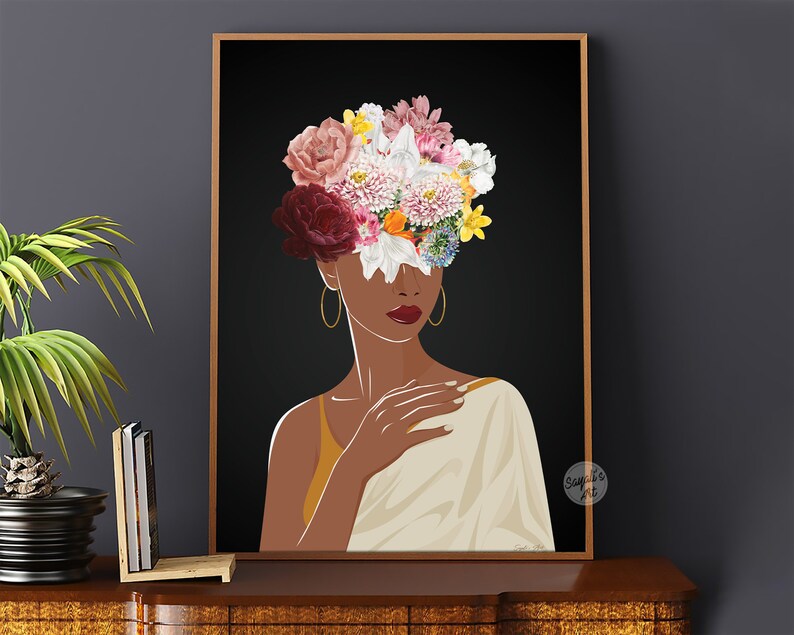 May include: A digital illustration of a woman with a dark complexion, wearing a white garment and a crown of colourful flowers. The background is black.