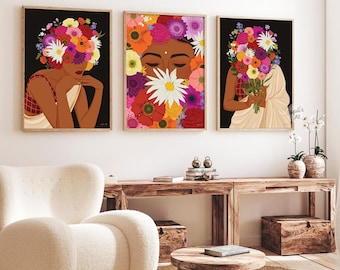 Set of 3 Modern Indian Woman Art, Flower Head Wall Art, Desi Art, Indian Art,  Brown Girl, South Indian Art, Tamil Poster, digital download