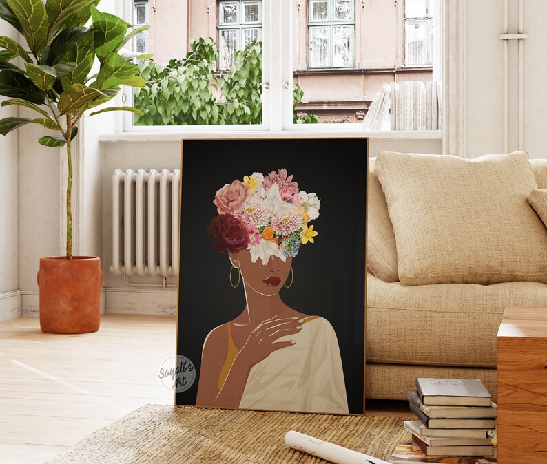May include: A digital illustration of a woman with a crown of flowers covering her face. The flowers are pink, white, yellow, and red. The woman is wearing a gold necklace and a white shawl. The background is black.