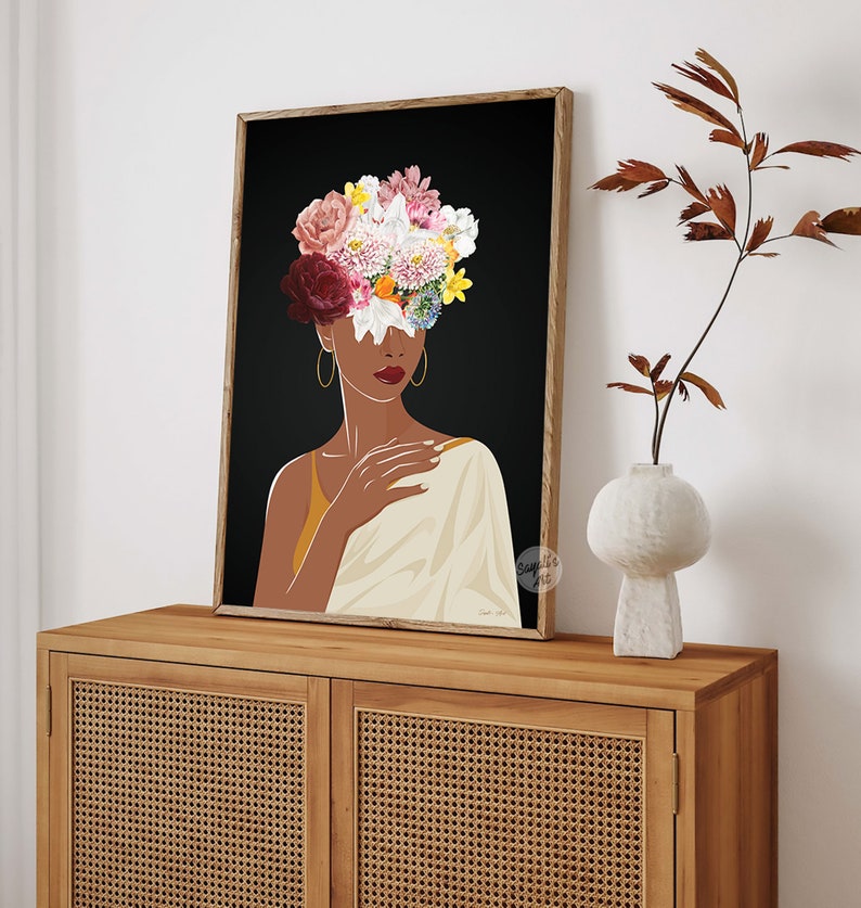 May include: A digital illustration of a woman with a crown of flowers covering her face. The woman is wearing a white shawl and has brown skin. The background is black.