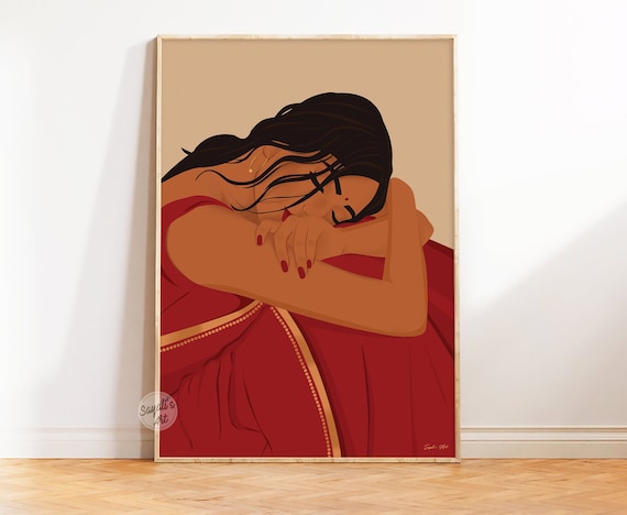 Relaxed Indian woman Art, south Asian art,Modern desi print, Indian Art Print, Tamil girl ,Brown girl poster, digital download
