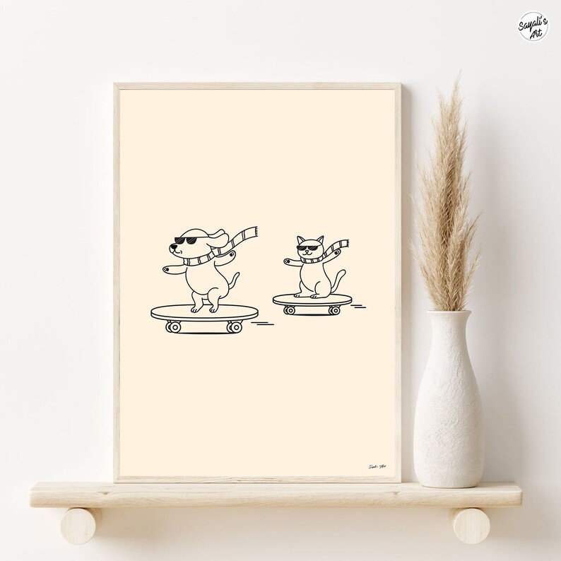 May include: A black and white line drawing of a dog and a cat wearing sunglasses and scarves, skateboarding. The dog is on the left and the cat is on the right. The background is a light beige color.