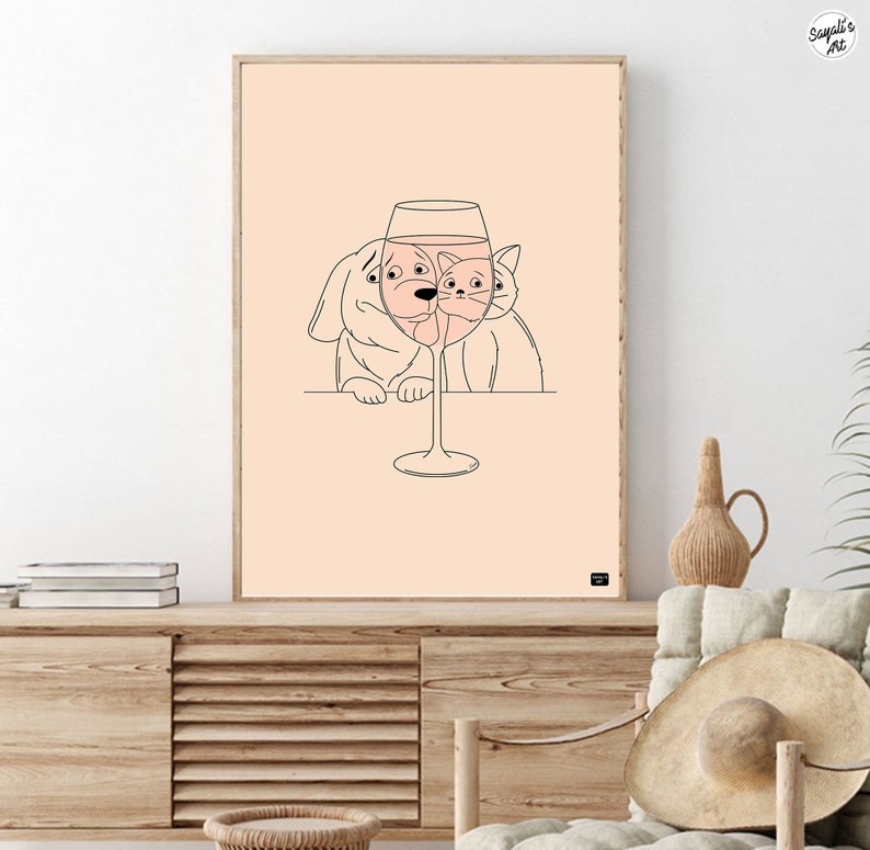 funny cat and dog looking at a glass of wine,
minimal line art