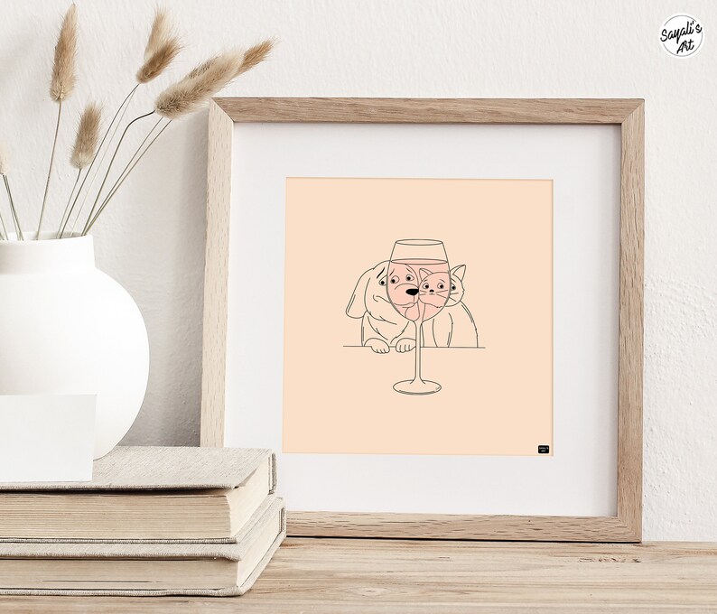 funny cat and dog looking at a glass of wine,
minimal line art