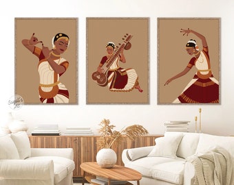 Set von 3 Bharatanatyam Art, Desi Art, Südasiatische Kunst, Indische Kunst, Brown Girl Art, Tamilisch Mädchen Kunst, Indische Tänzerin Kunst, digitaler Download
