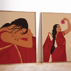 Puede incluir: Dos ilustraciones enmarcadas de mujeres con saris rojos. La mujer de la izquierda mira hacia abajo con los brazos envueltos alrededor de s&iacute; misma. La mujer de la derecha sostiene una flor rosa y mira hacia arriba. Ambas ilustraciones tienen un fondo beige.