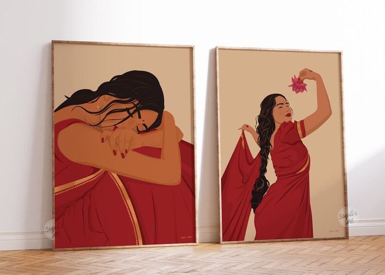 Puede incluir: Dos ilustraciones enmarcadas de mujeres con saris rojos. La mujer de la izquierda mira hacia abajo con los brazos envueltos alrededor de s&iacute; misma. La mujer de la derecha sostiene una flor rosa y mira hacia arriba. Ambas ilustraciones tienen un fondo beige.