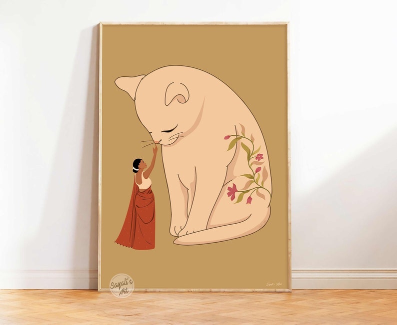 Pode incluir: Uma ilustra&ccedil;&atilde;o digital de uma mulher com um sari vermelho que estica a m&atilde;o para tocar o nariz de um gato grande de cor clara com uma tatuagem floral no lado. O fundo &eacute; de cor marrom claro.
