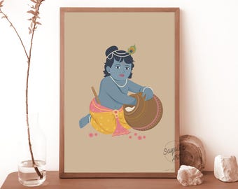 Illustration de Krishna bébé, peinture de Krishna, seigneur Krishna, affiche de Krishna, décoration murale de Krishna bébé, impression mignonne de Krishna, dieu hindou, téléchargement instantané