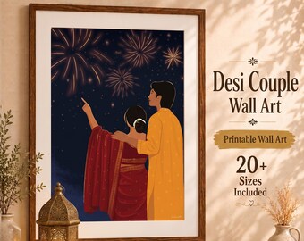 インド人カップルのディワリアート、デジフェスティバルウォールアート、ブラウンカップルプリント、ロマンチックなインドの装飾、記念日の贈り物、即時ダウンロード