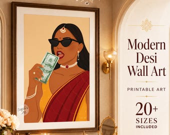 リッチなインド人女性のアート、ボスレディのウォールアート、モダンなインド人女性のプリント、ブラウンガールの美的装飾、インド人オフィスアート、即時ダウンロード