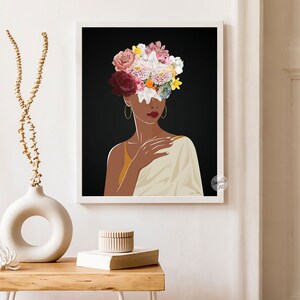 May include: A digital illustration of a woman with a crown of flowers covering her face. The woman is wearing a white shawl and has brown skin. The background is black.