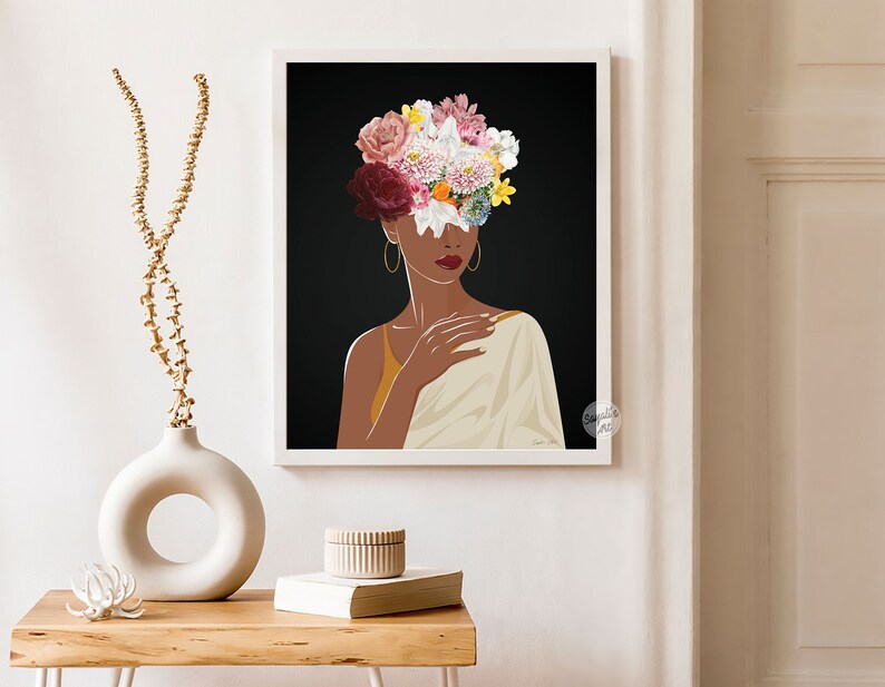 May include: A digital illustration of a woman with a crown of flowers covering her face. The woman is wearing a white shawl and has brown skin. The background is black.