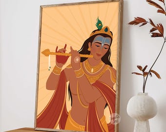 クリシュナの壁画、ラダ・クリシュナの絵画、インドの壁画、プージャルームの装飾、ヒンドゥー教のスピリチュアルなプリント、瞑想室のポスター、デジタルダウンロード