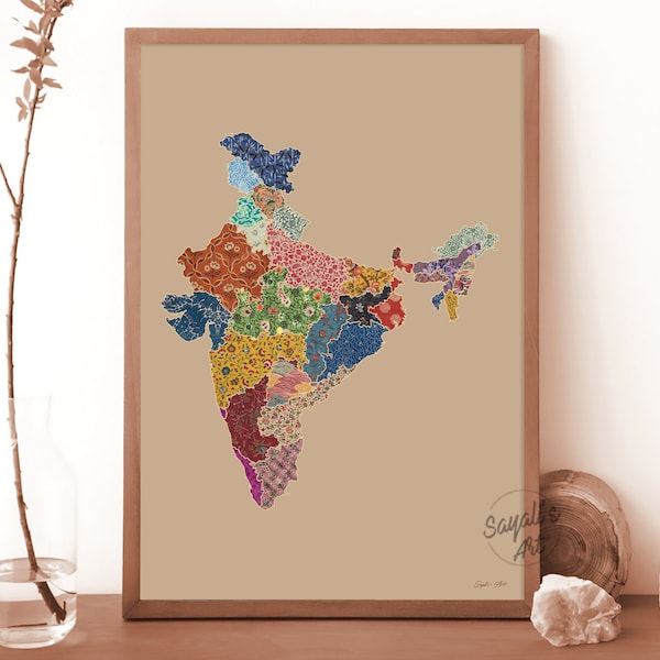 India map poster, Colorful Indian map, fabric themed Indian map art print ,desi art, South Asian wall art,Nursery Wall Art,digital download