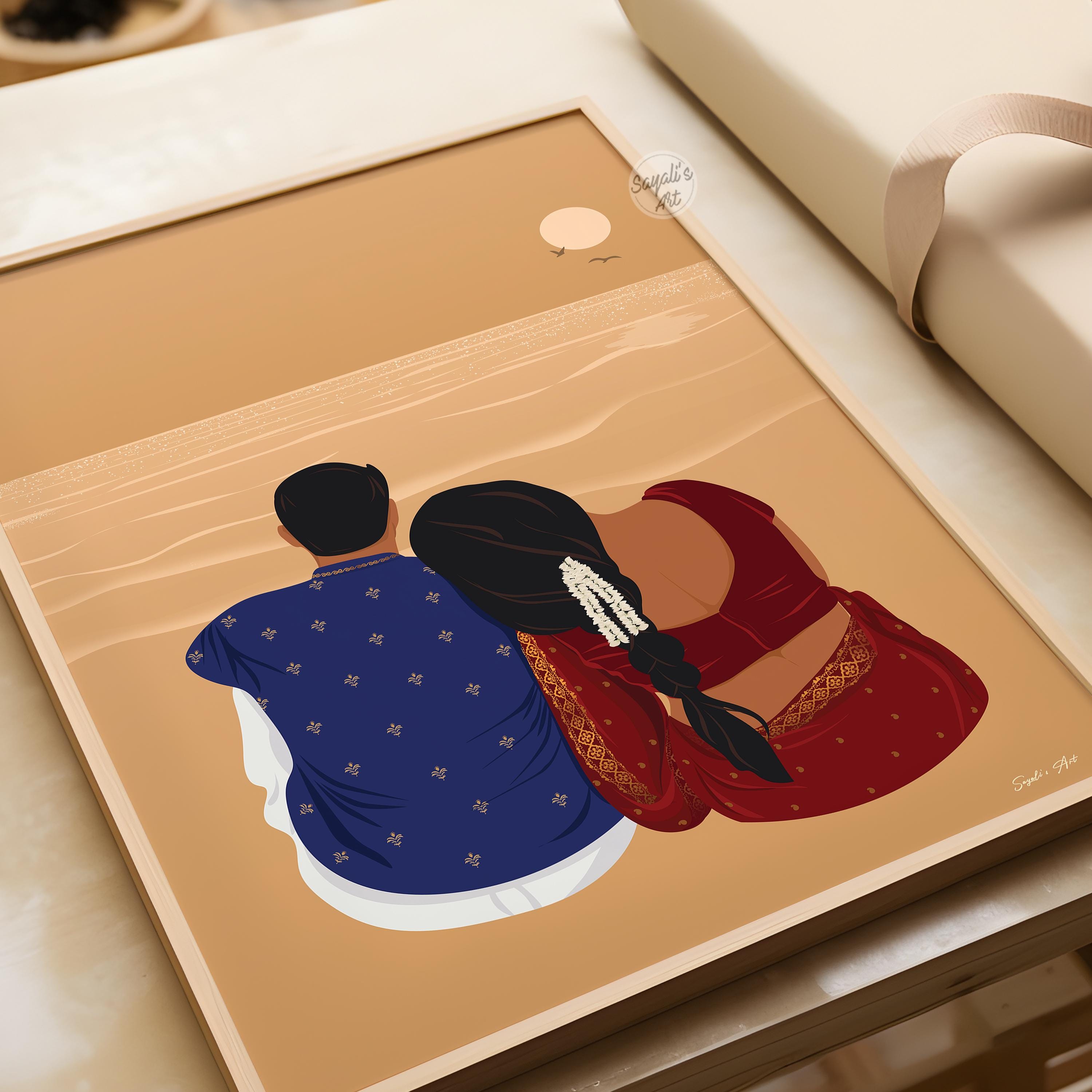 Shubha Gokhale (1959~)コラージュアート「Couple」真作 Indian Couple Relaxing on Beach, Indian Wedding Couple,indian