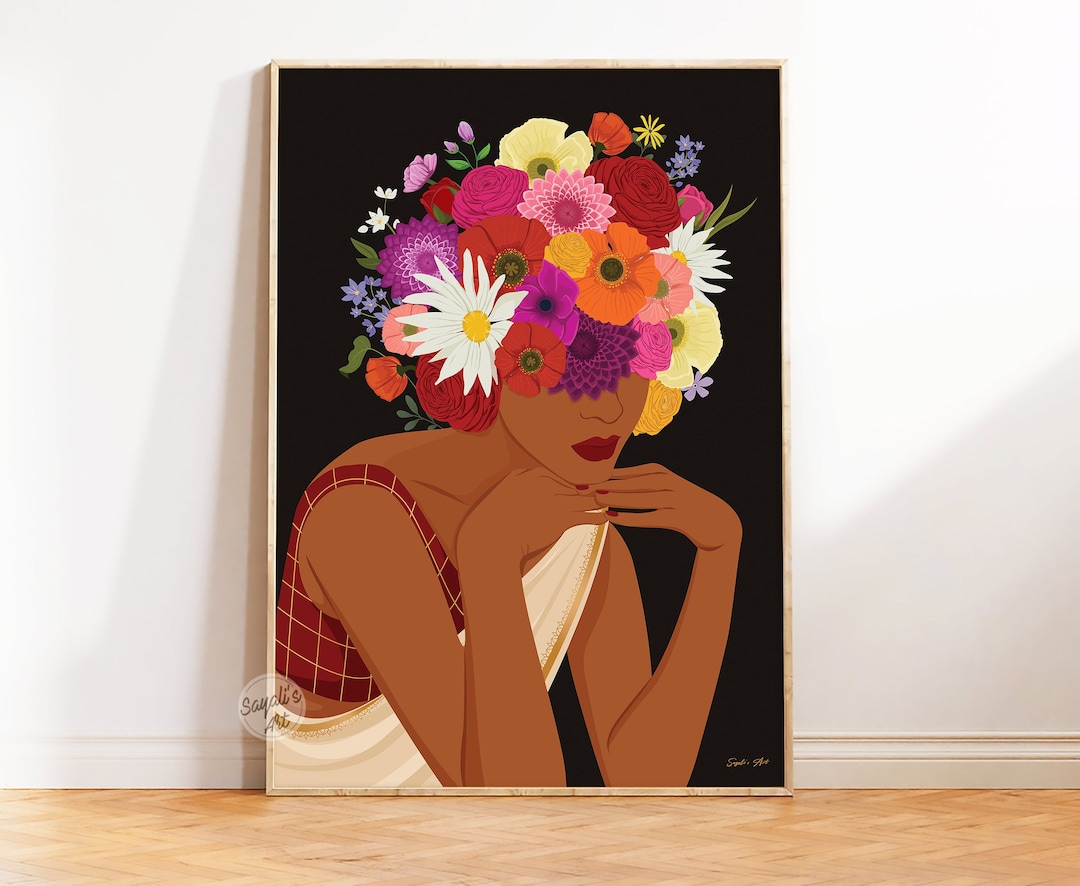 Indian Woman Flower Head Wall Art, Desi Art, Flower Woman Art, South