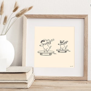 funny doodle/ line art of cat and dog skateboarding, minimal funny line art
