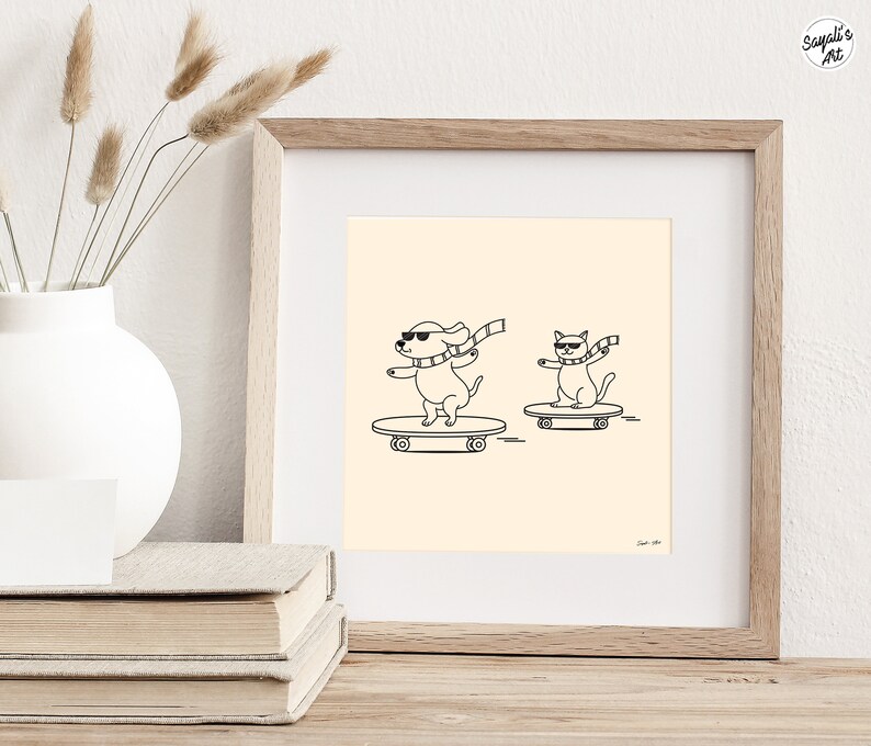 funny doodle/ line art of cat and dog skateboarding, minimal funny line art