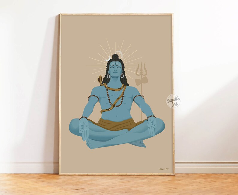 May include: A framed digital art print featuring a blue-skinned deity in a meditative lotus position. The figure has a snake draped around the neck, a crescent moon on the head, and a trident in the background. The background is a solid tan color.