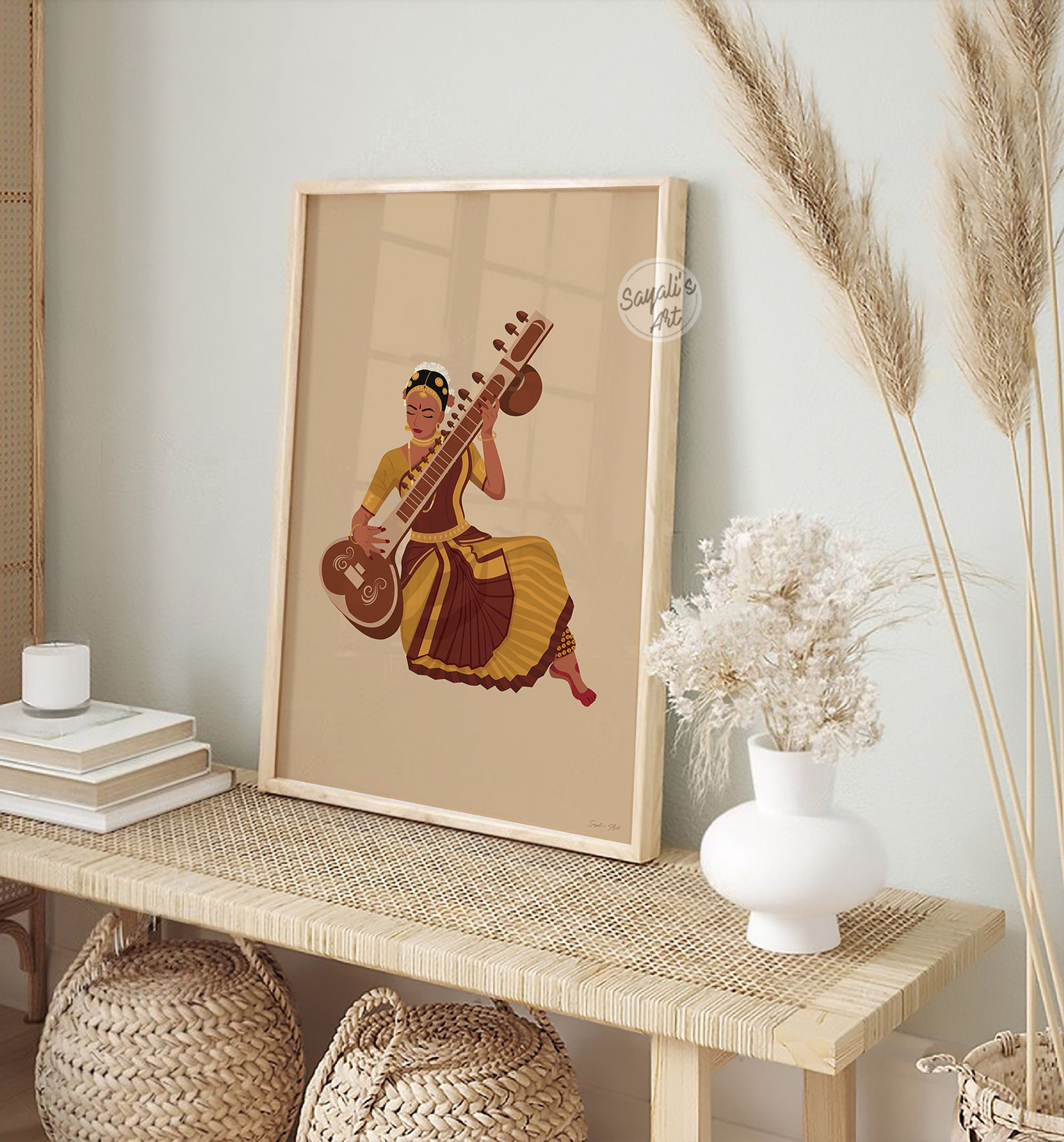 Veena Art, Indian Wall Art, Tamil Girl,desi Art, Saraswati Veena