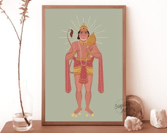 ハヌマンの壁画、インドの壁画、ヒンドゥー教の神のプリント、力と保護の装飾、プージャルームのアート、男性へのギフト、デジタルダウンロード