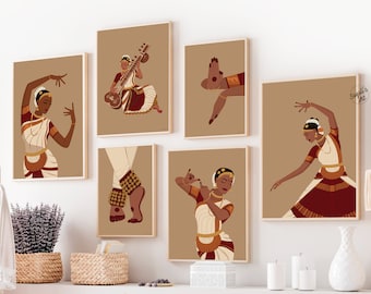 Set of 6 Bharatanatyam Art,Desi Art,South Asian Art, Mudra & ghungroo art ,Tamil girl Art,Indian Dancer Art,indian painting,instant download