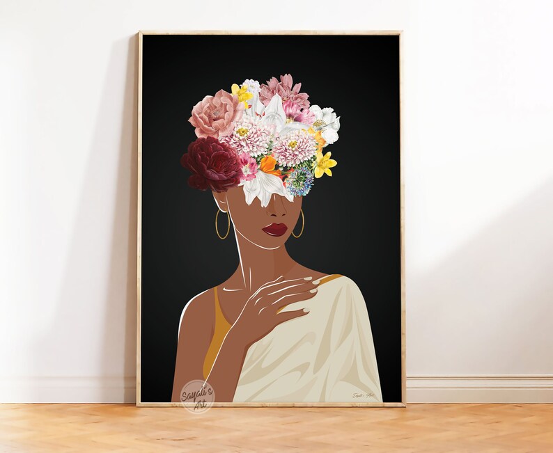 May include: A digital illustration of a woman with a dark complexion, wearing a white and gold garment. Her face is obscured by a crown of colourful flowers, including pink, red, white, yellow, and orange blooms.