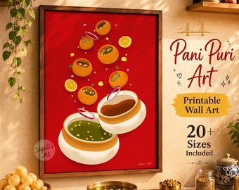 パニプリアート、インド料理ウォールアート、デジキッチンデコレーション、ムンバイストリートフードポスター、インド料理好きへのギフト、即時ダウンロード