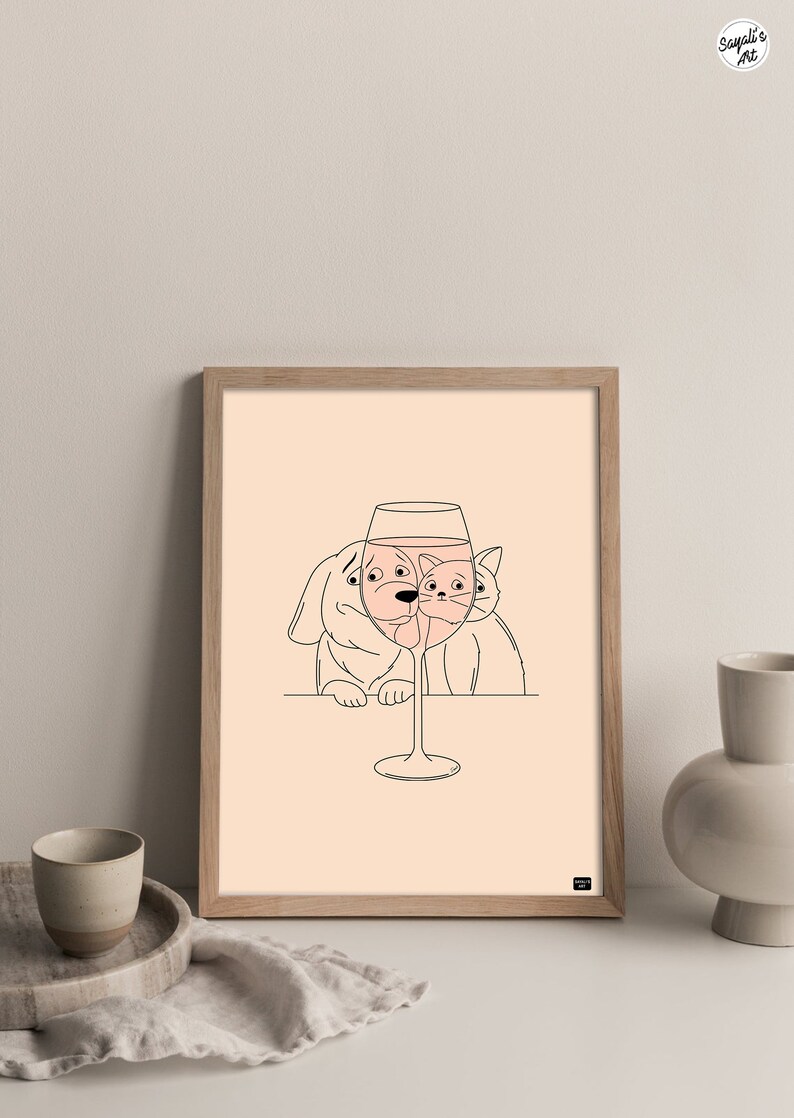 funny cat and dog looking at a glass of wine,
minimal line art