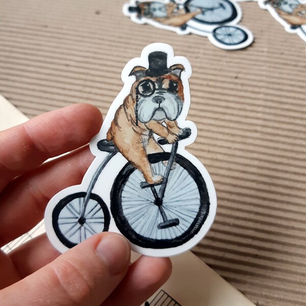 English Bulldog riding a Penny-farthing  3 inch (7,6 cm) Matte Vinyl Sticker - waterproof - die cut vinyl sticker