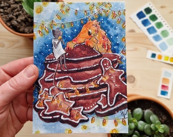 A6 Gingerbread hoarding dragon- Winter greeting card- holiday - christmas - new year - PRINT of a watercolor painting