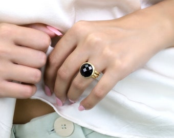 Black Onyx Bezel Statement Ring · 14k Gold Black Stone Ring · Gold & Black Diamond Alternative Ring · Large Cocktail Ring