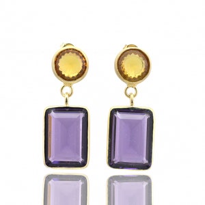 Citrine & Amethyst Multi-Stone Gold Earrings · 18k Bezel Set Gemstone Earrings · November Citrine Birthstone Dangle Earrings · Long Earrings