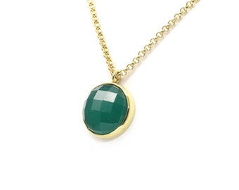 Green Onyx Pendant Necklace · 14k Gold Long Necklace · Deep Green Color Necklace · Round Bezel Set Pendant · Faceted Cut Stone Necklace