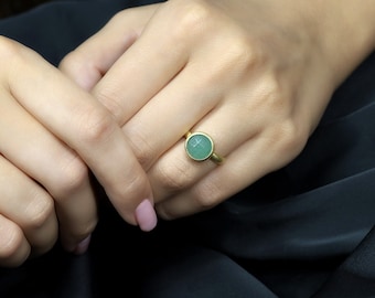Green Aventurine Ring · 10mm Stackable Gemstone Ring · Gold Vermeil Ring · Solid Gold Ring · Rose Cut Faceted Gem Ring For Women