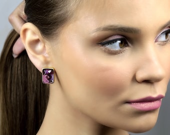 Amethyst Bezel Earrings · Purple Gem Earrings · Gold Rectangle Earrings · Stud Earrings · Statement Rectangle Earrings · February Birthstone